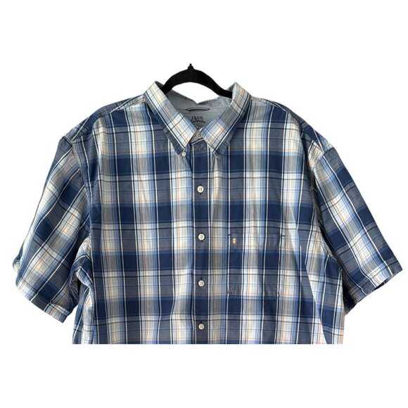 Izod Saltwater 2XLT Seaport Poplin Mens Short Sleeve Button Plaid Shirt Relaxed - Picture 2 of 6